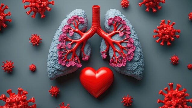 Bird's eye perspective of human lungs with blood cells and heart against a gray background, empty space, lung cancer awareness, medical and healthcare theme