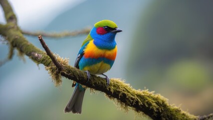 Obraz premium Belonging to the Thraupidae family, the multicoloured tanager is a bird species that is endemic to mountain areas.