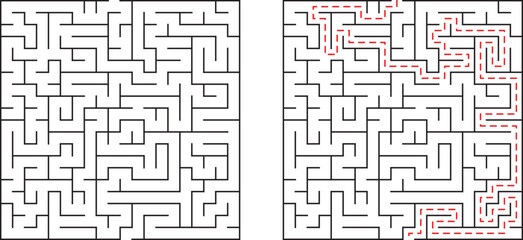 Black and white maze illustration showing the solution path for a successful navigation of the puzzle.