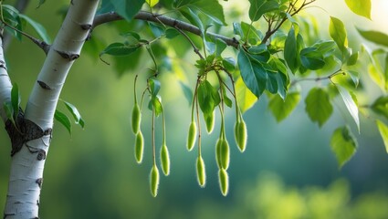 Summer scene of a birch branch with green leaves and catkins