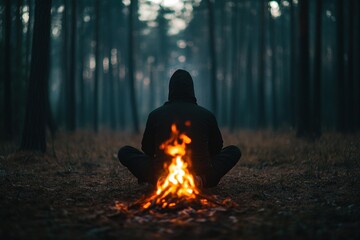 Solitary figure warms by forest fire