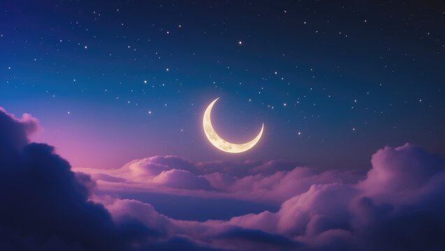 Luminous crescent moon shining in the night sky