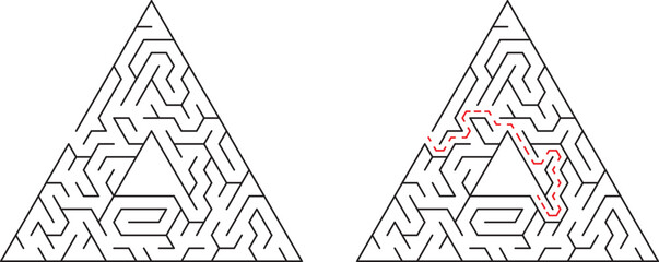 Complex triangular maze illustration with solution path clearly marked in distinct red lines