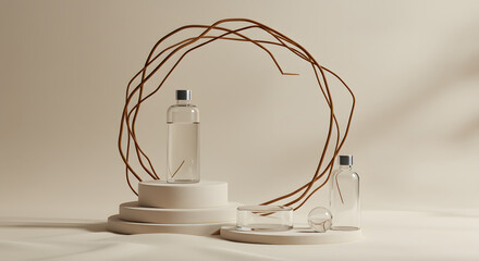 Clear skincare bottles with a natural branch frame