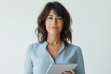 Confident woman in blue blouse holding tablet against white background