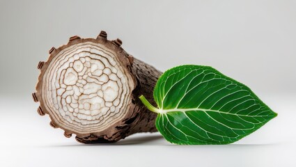 Obraz premium A portion of root and a green leaf, isolated on a white surface.