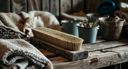 Animal brush on a wooden bench with blankets and buckets around
