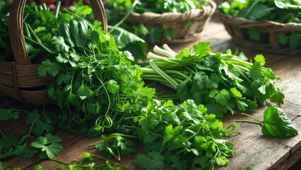 Aerial perspective of fresh green leaves, collection of leaves on a wooden surface, close-up, leaves in a basket at a market stand