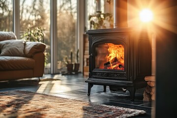 Warm sunlight streams into a living room, illuminating a cozy wood-burning stove with crackling flames