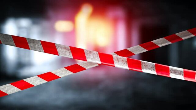 Red and white crime warning tape with blurred police station background, security alert, no entry, caution in law enforcement area