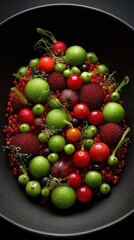 A bowl filled with colorful berries and small fruits on a dark background.
