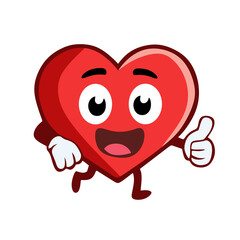 cute red heart character walking while raising thumbs up. isolated on white