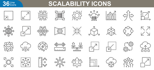 Scalability icons set. Server, cloud, load balancer, network, data growth, performance, storage, system optimization, scalable infrastructure and more. Thin line vector illustration.