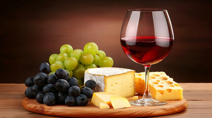 Red wine, cheese, and grapes on wooden board, dark background, food and drink pairing, perfect for restaurant menus