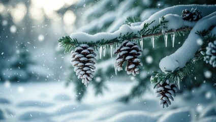 Snowy winter backdrop featuring fir branches and cones against a forest setting