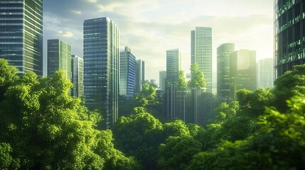 Obraz premium Modern skyscrapers emerging from a dense forest