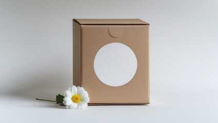 Mockup of round sticker on gift box, tech box, and blank label with floral design