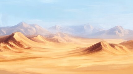 Naklejka premium Serene painted desert landscape with distant mountains and clear blue sky