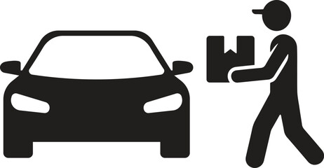 Minimalist Delivery Icon—Human Figure Approaching Car with Package in Black and White