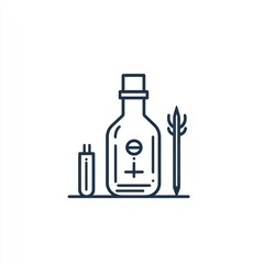 Alchemy bottle, pen, and vial on white.  Website design element