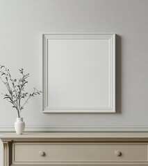 Empty frame on wall beside decorative vase and flowers on a dresser.