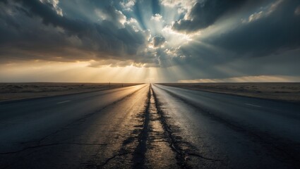 Deserted road beneath a cloudy sky with sunlight