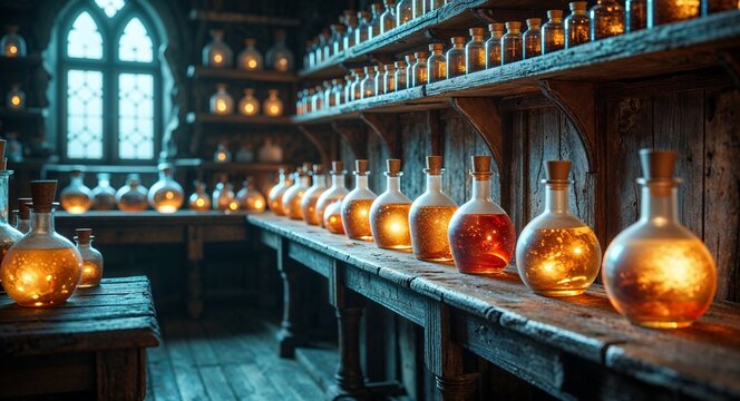 Glowing potion bottles lined on wooden shelves in an old alchemy room