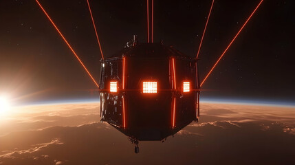 CubeSat deploying lasers above Mars' atmosphere, sunrise in background.  Science fiction illustration