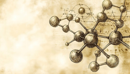 Molecular structure drawing overlayed on vintage sketch pages with a textured, faded brown background