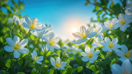 The white flowers are blooming beautifully, with lovely yellow petals at the center, surrounded by lush green nature, under a shining open sky with the sun nearby.