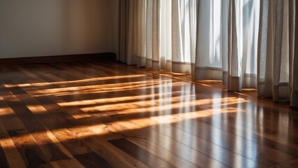 Vertical blinds project shadows onto a recently installed hardwood floor