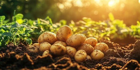 Freshly harvested potatoes in a field at sunset