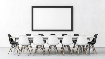 Modern meeting room interior with empty frame.