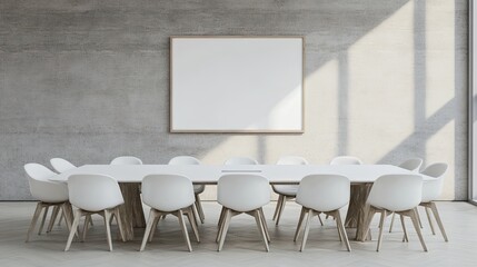 Empty conference room with large blank poster.