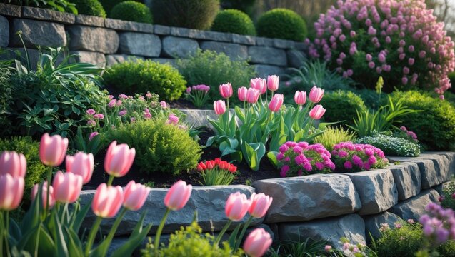 Stunning stone barrier, supporting garden featuring tulips and flox