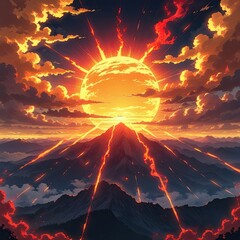 Epic Volcano Eruption at Sunset with Fiery Sky and Dramatic Lava Streams