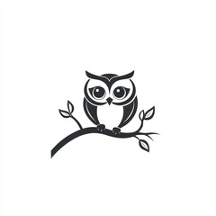 Fototapeta premium Cute owl perched on branch, white background, children's book illustration