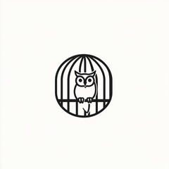 Obraz premium Owl in a cage, perched, circle design, white background, logo design