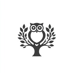 Fototapeta premium Owl perched on tree branch, leaves, nature background, logo design
