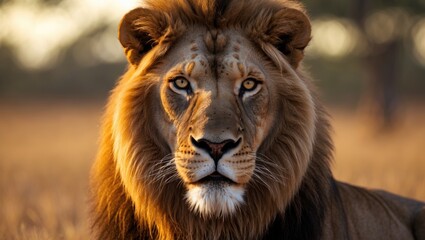 Fototapeta premium Close-up portrait of a Male Lion gazing at a distant prey.