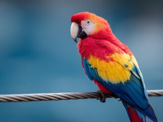 Obraz premium A colorful parrot sitting on a wire with a blue background