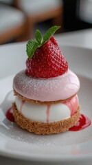 Dessert on plate with strawberry topping and mint garnish close up shot.