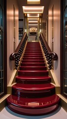 Elegant Red Carpet Staircase in Luxury Interior Hallway with Classic Detailing