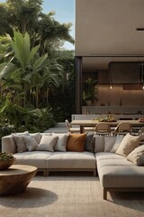 Modern Outdoor Lounge Design with Luxury Tropical Garden and Open-Concept Kitchen