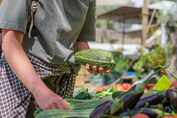 Young woman choosing fresh organic vegetables at a local market. Concept of eco lifestyle,...