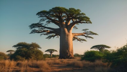 Obraz premium Majestic baobab tree towers against the sky in a savannah setting