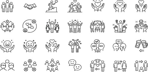 Friendship Line Editable Icons set. Vector illustration in modern thin line style of people relationships related icons: support, friends, trust, and more.