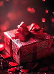 Obraz premium Red Glitter Gift Box with Ribbon and Heart Confetti