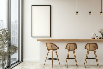 Modern minimalist bar counter interior scene.