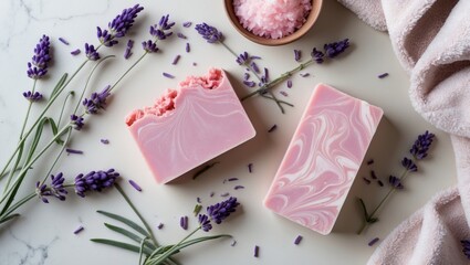 Beauty and skincare flat lay featuring handmade soap, lavender, and natural ingredients with room for text
